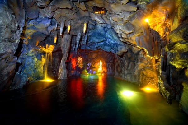 Maropeng — underground boat ride cavern with coloured lighting